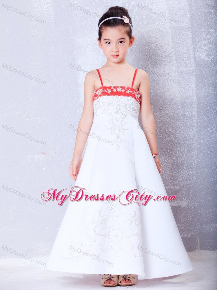 Ankle-length Embroidery White Satin Straps Flower Girl Dress