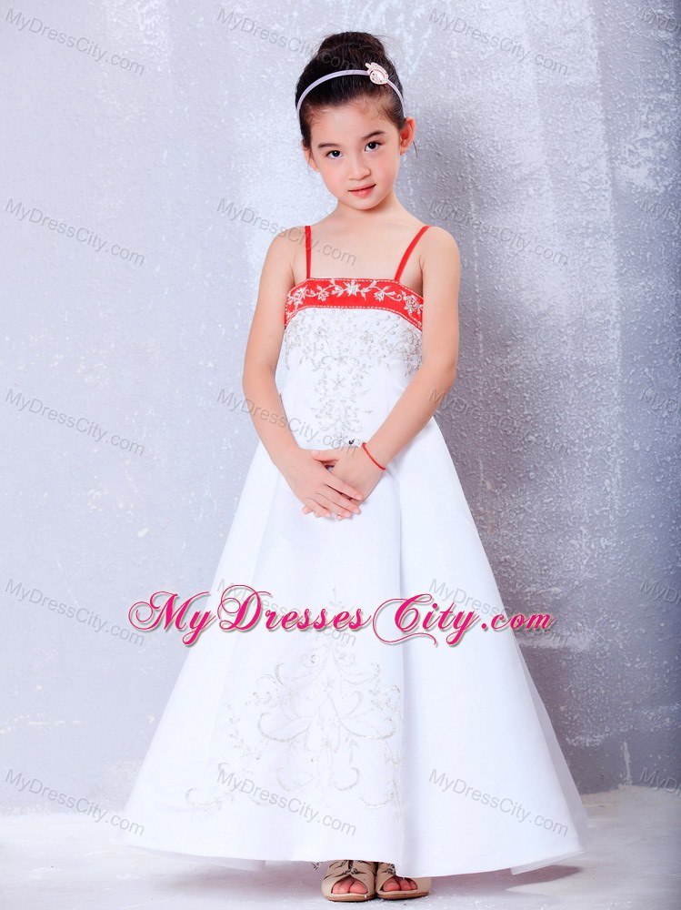 Ankle-length Embroidery White Satin Straps Flower Girl Dress