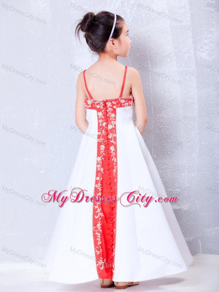 Ankle-length Embroidery White Satin Straps Flower Girl Dress