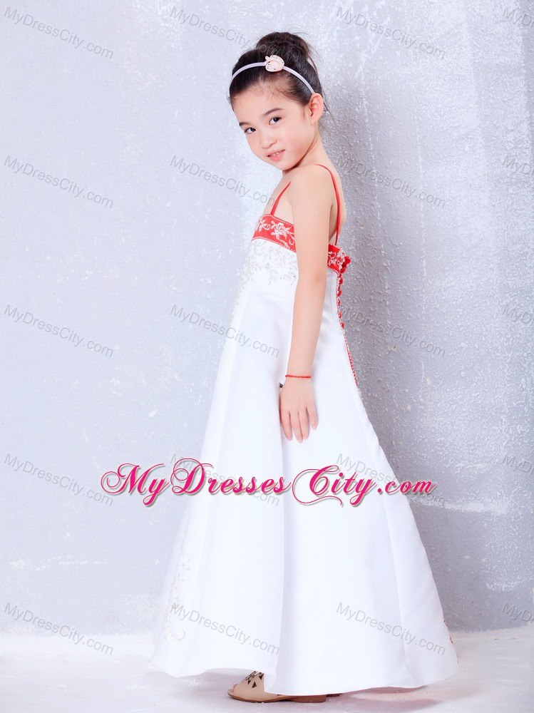 Ankle-length Embroidery White Satin Straps Flower Girl Dress