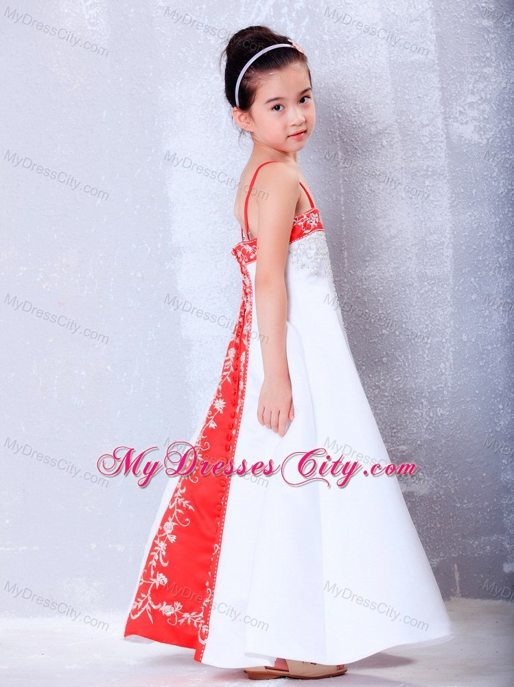 Ankle-length Embroidery White Satin Straps Flower Girl Dress