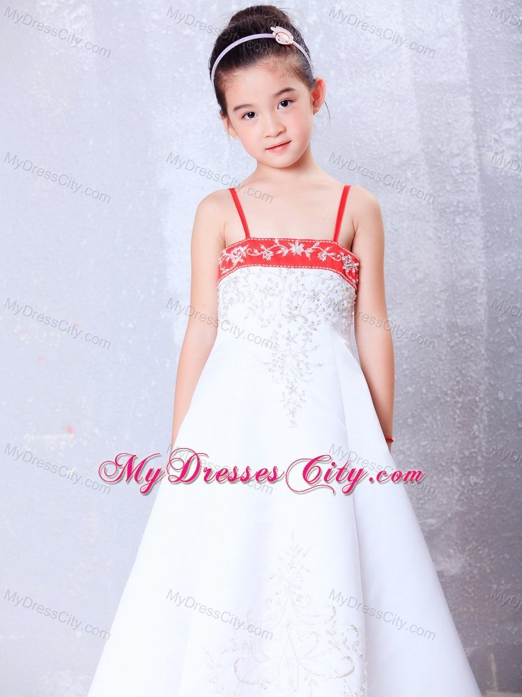 Ankle-length Embroidery White Satin Straps Flower Girl Dress