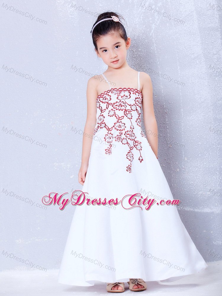 Satin Straps Embroidery Ankle-length Flower Girl Dress in White