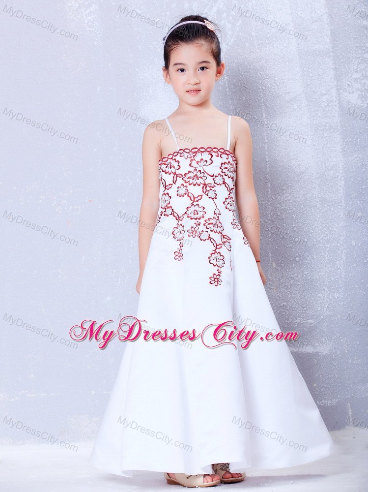 Satin Straps Embroidery Ankle-length Flower Girl Dress in White