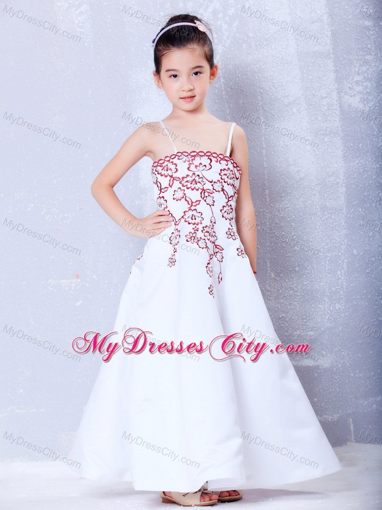 Satin Straps Embroidery Ankle-length Flower Girl Dress in White