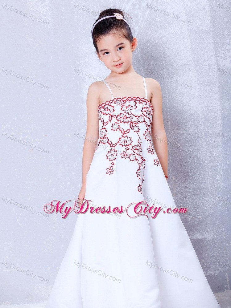 Satin Straps Embroidery Ankle-length Flower Girl Dress in White