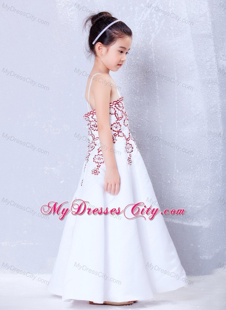 Satin Straps Embroidery Ankle-length Flower Girl Dress in White