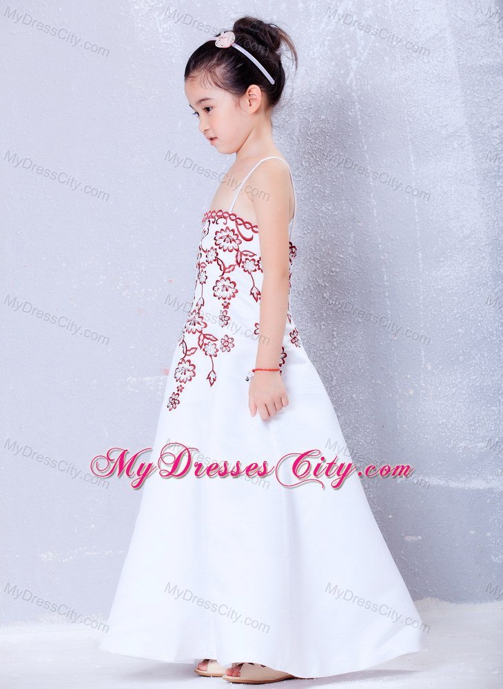 Satin Straps Embroidery Ankle-length Flower Girl Dress in White