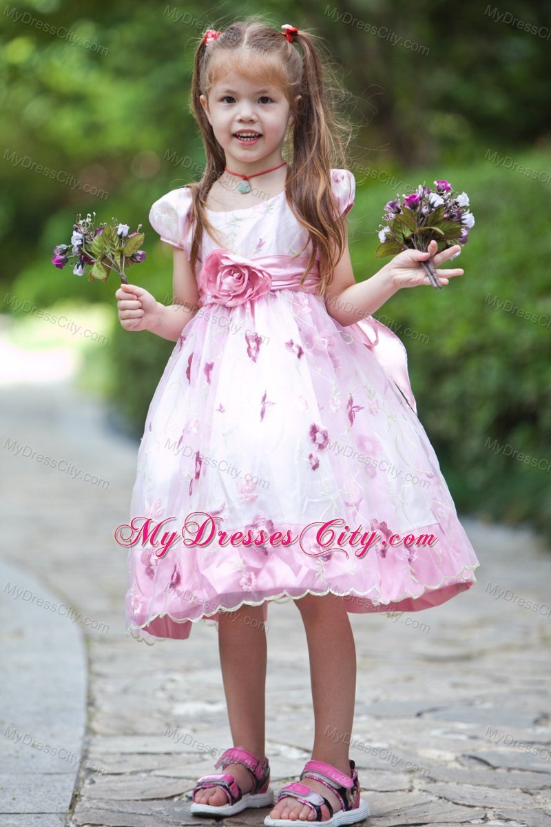 Hand Made Flowers White and Pink A-line Scoop Flower Girl Dress