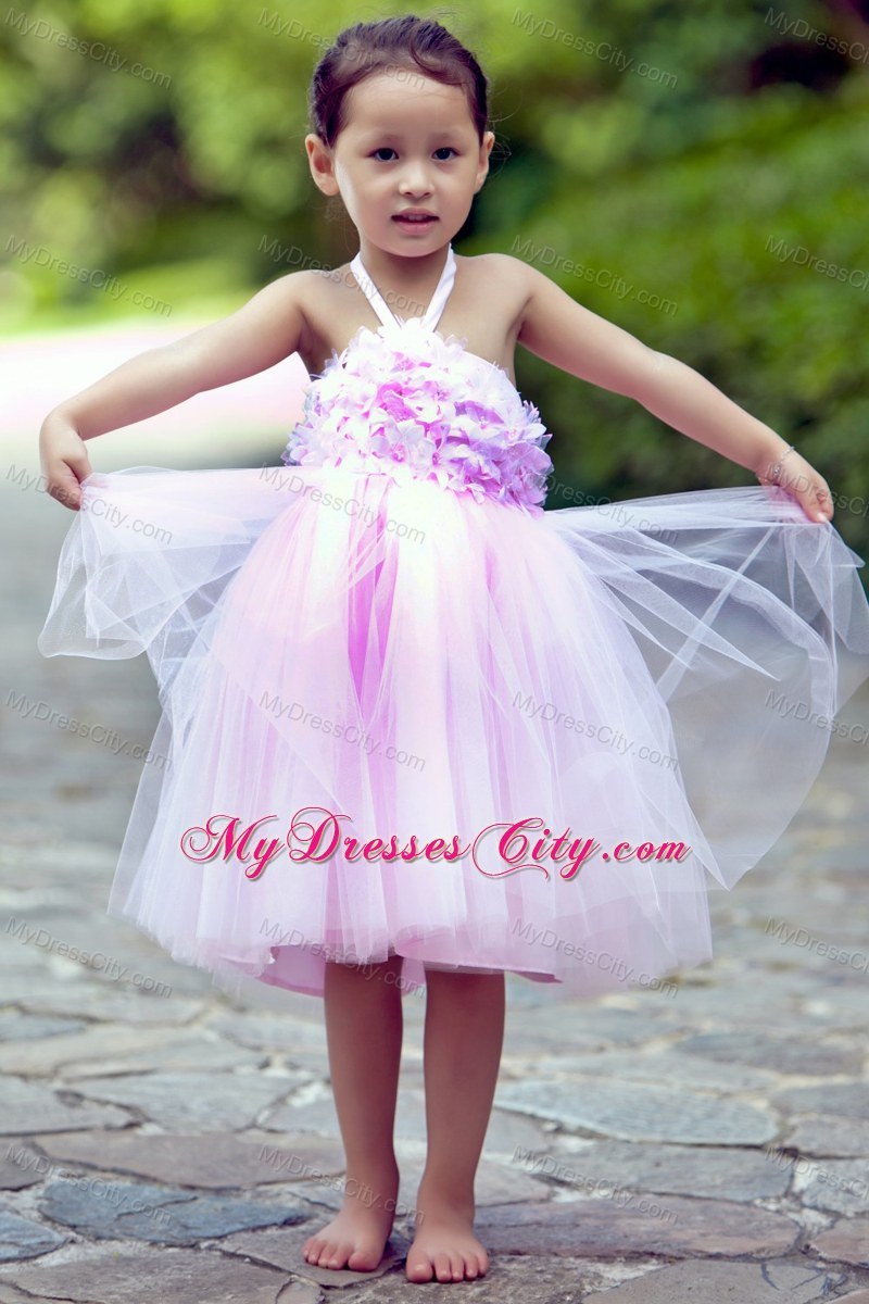 Pink Halter Short Tulle Floral Flower Girl Dress under 100