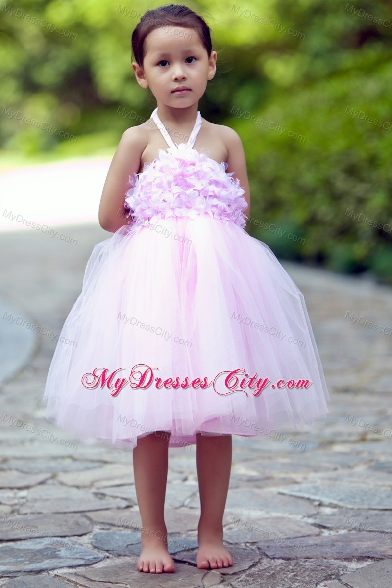 Pink Halter Short Tulle Floral Flower Girl Dress under 100