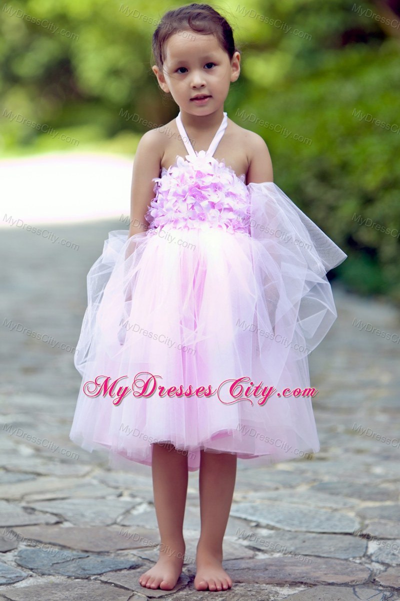 Pink Halter Short Tulle Floral Flower Girl Dress under 100