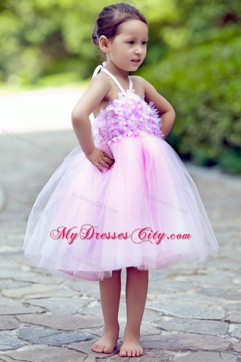 Pink Halter Short Tulle Floral Flower Girl Dress under 100