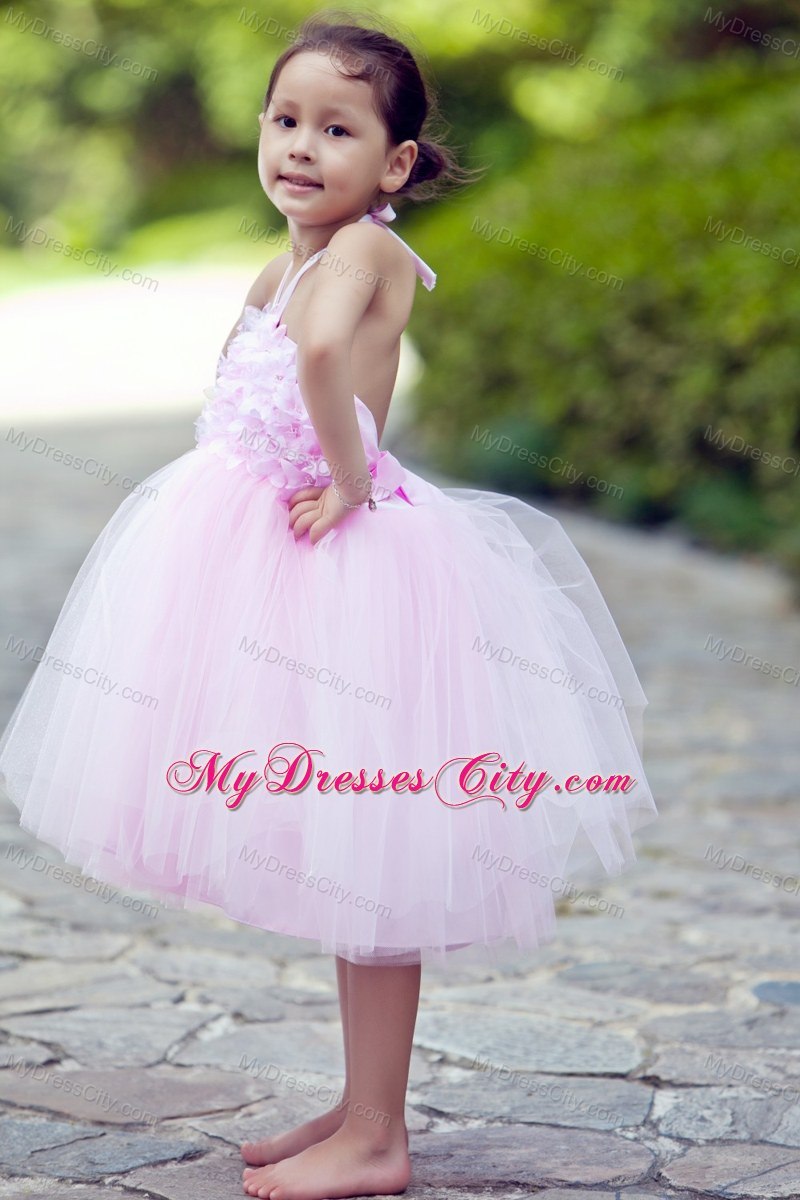 Pink Halter Short Tulle Floral Flower Girl Dress under 100