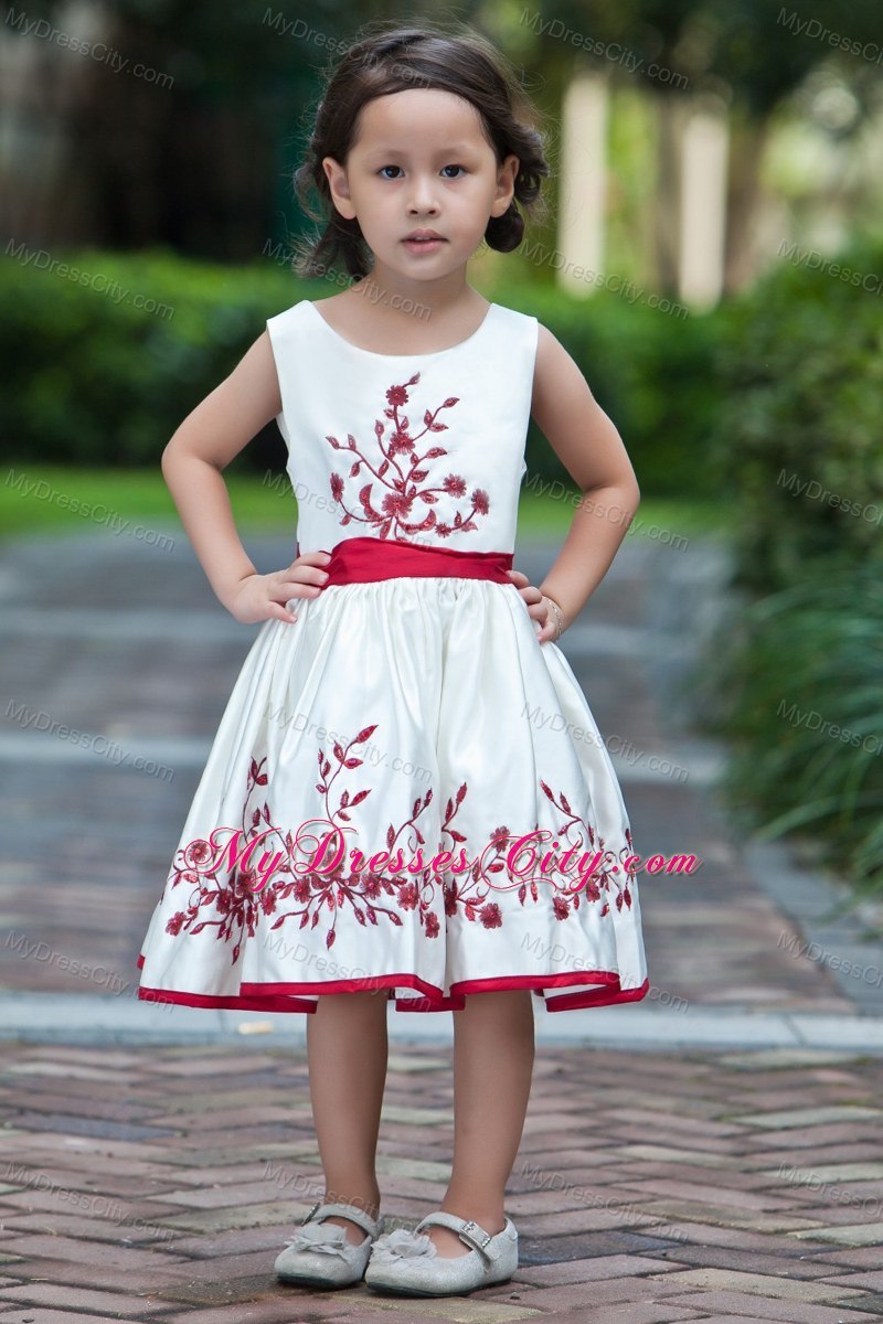 Embroidery White Tea-length Taffeta Flower Girl Dress Sashed