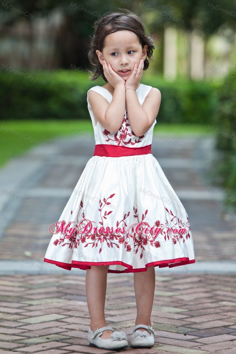 Embroidery White Tea-length Taffeta Flower Girl Dress Sashed