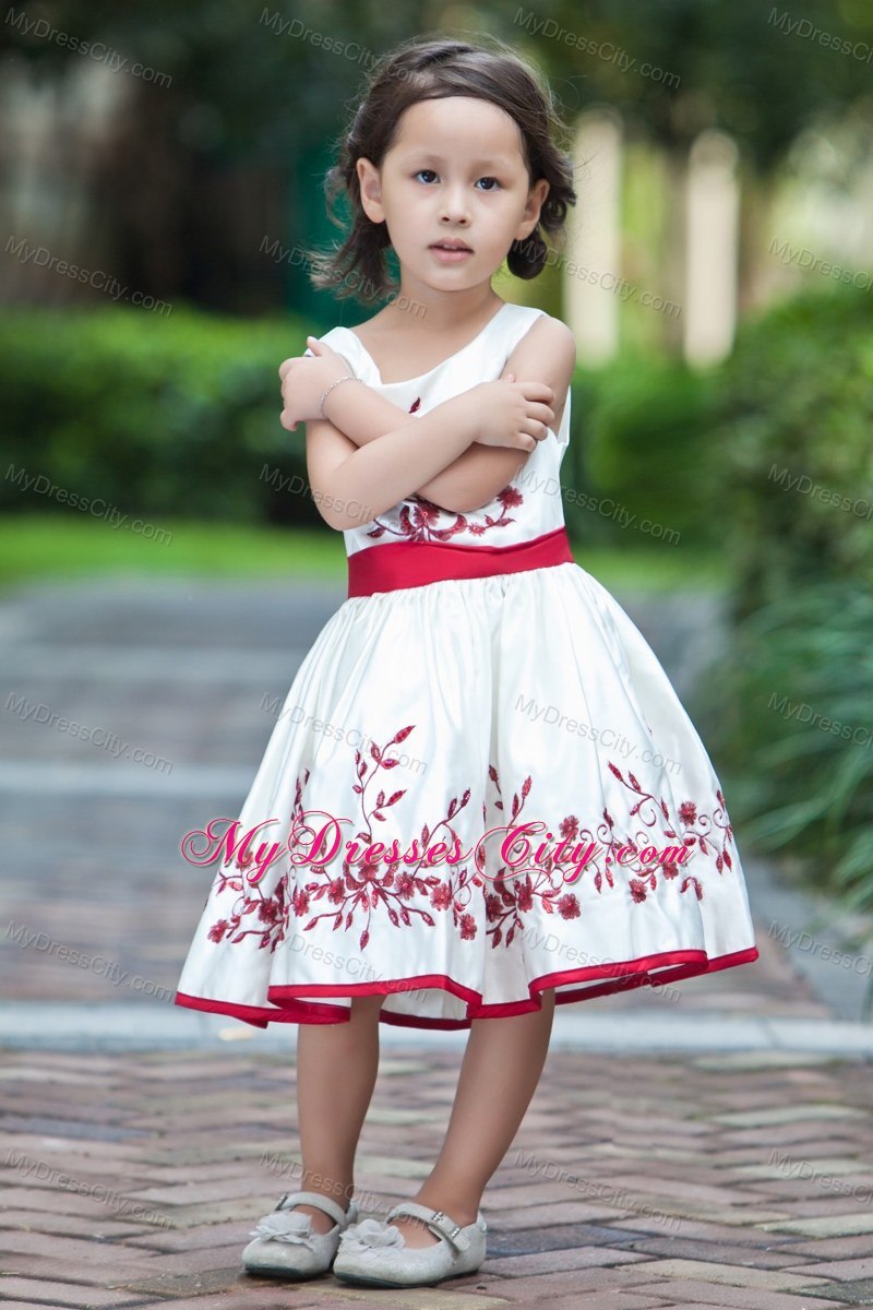 Embroidery White Tea-length Taffeta Flower Girl Dress Sashed