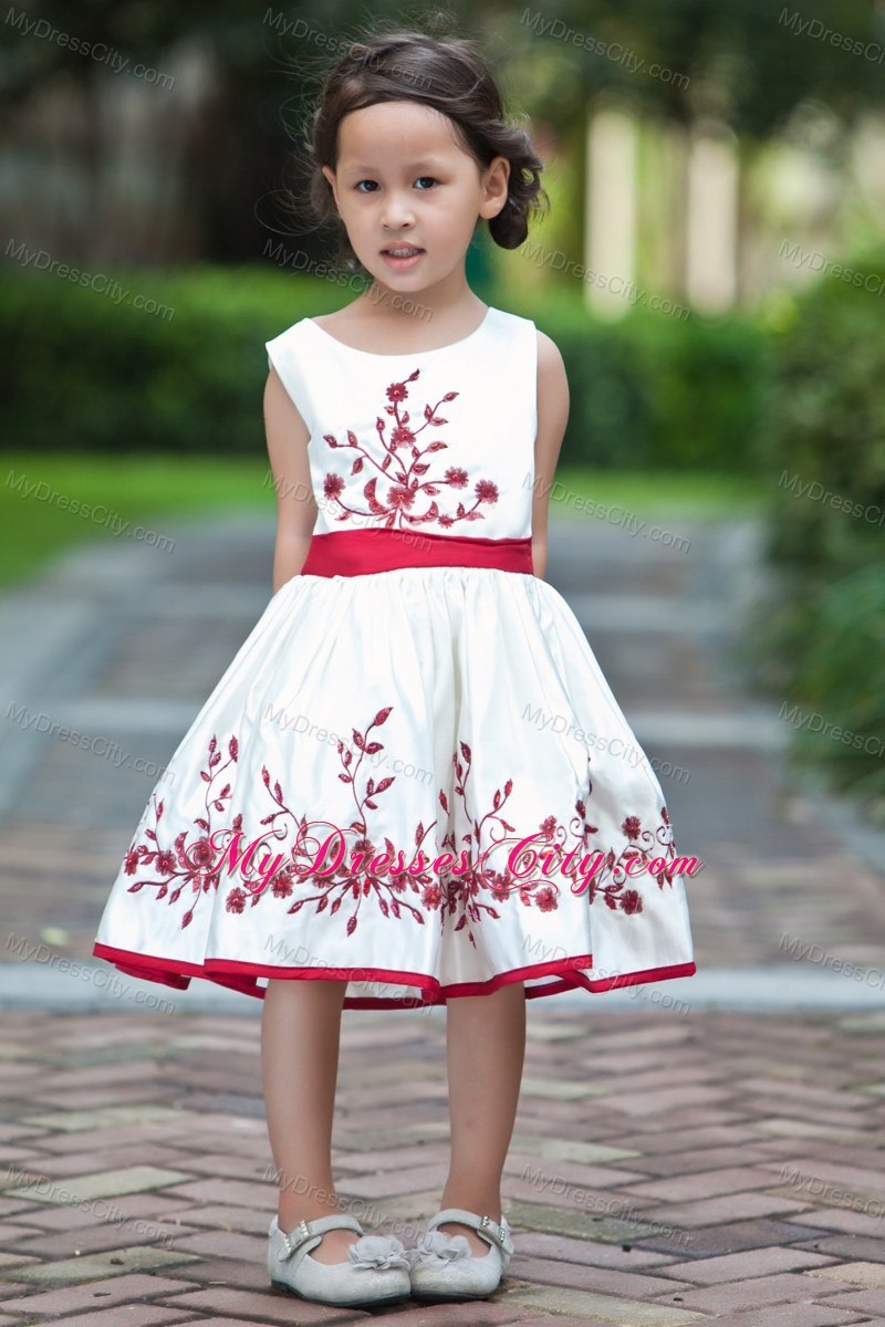 Embroidery White Tea-length Taffeta Flower Girl Dress Sashed