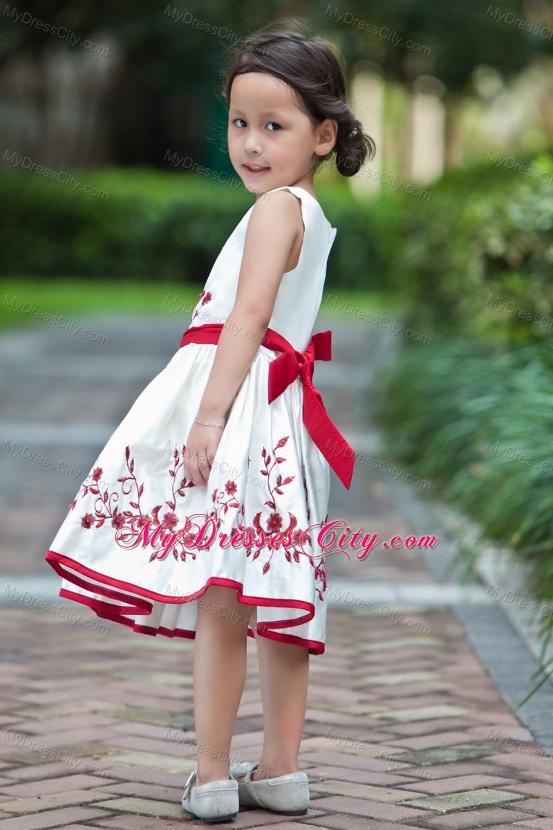 Embroidery White Tea-length Taffeta Flower Girl Dress Sashed