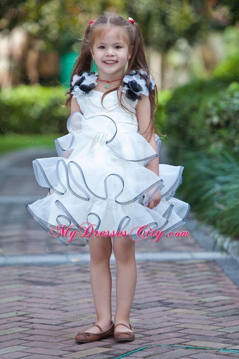 White V-neck Mini Organza Girls Party Dress with Flower Straps