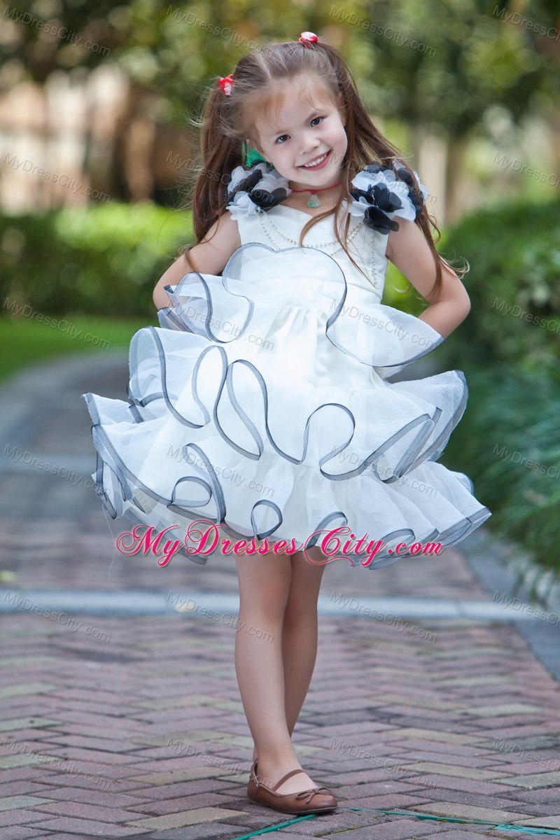 White V-neck Mini Organza Girls Party Dress with Flower Straps