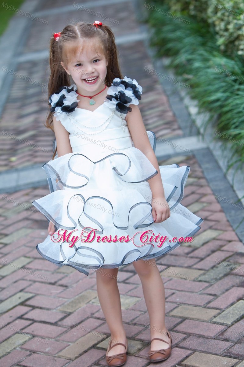 White V-neck Mini Organza Girls Party Dress with Flower Straps