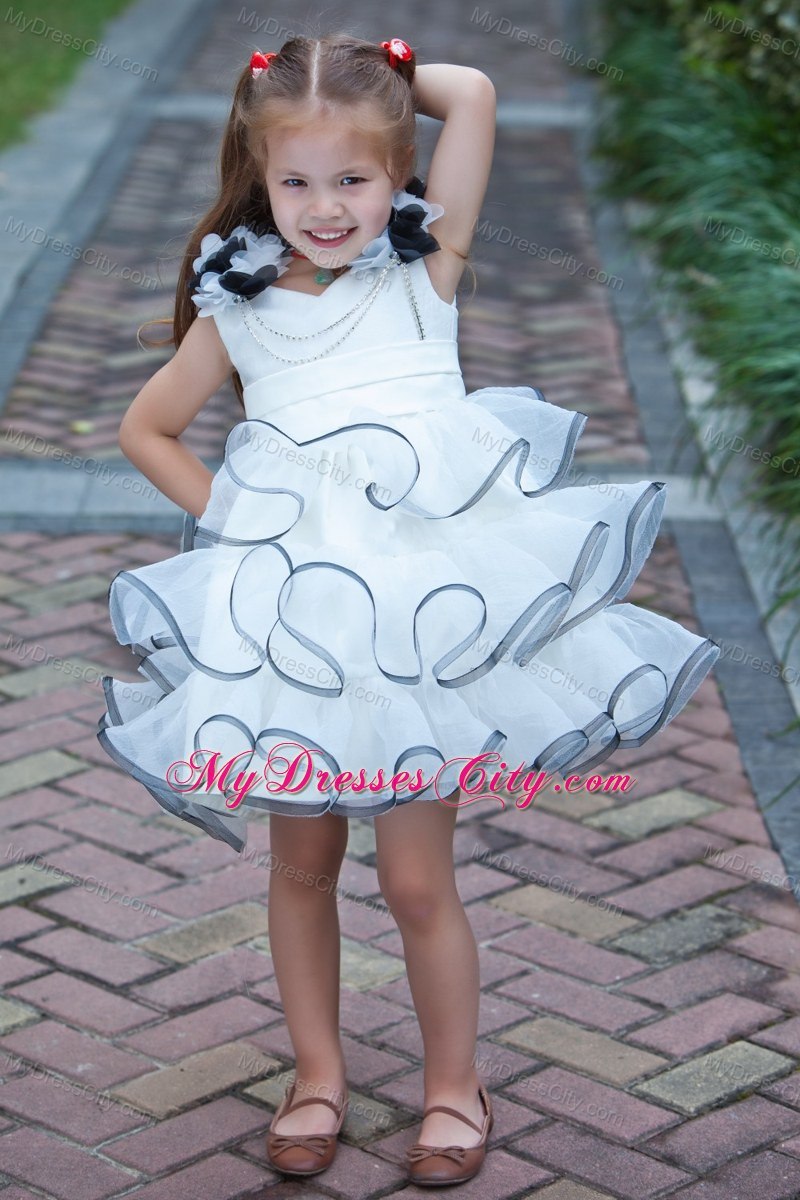 White V-neck Mini Organza Girls Party Dress with Flower Straps