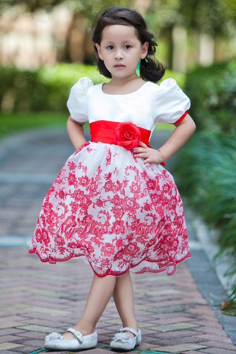 Printed White Scoop Short Floral Flower Girl Dress with Red Sash