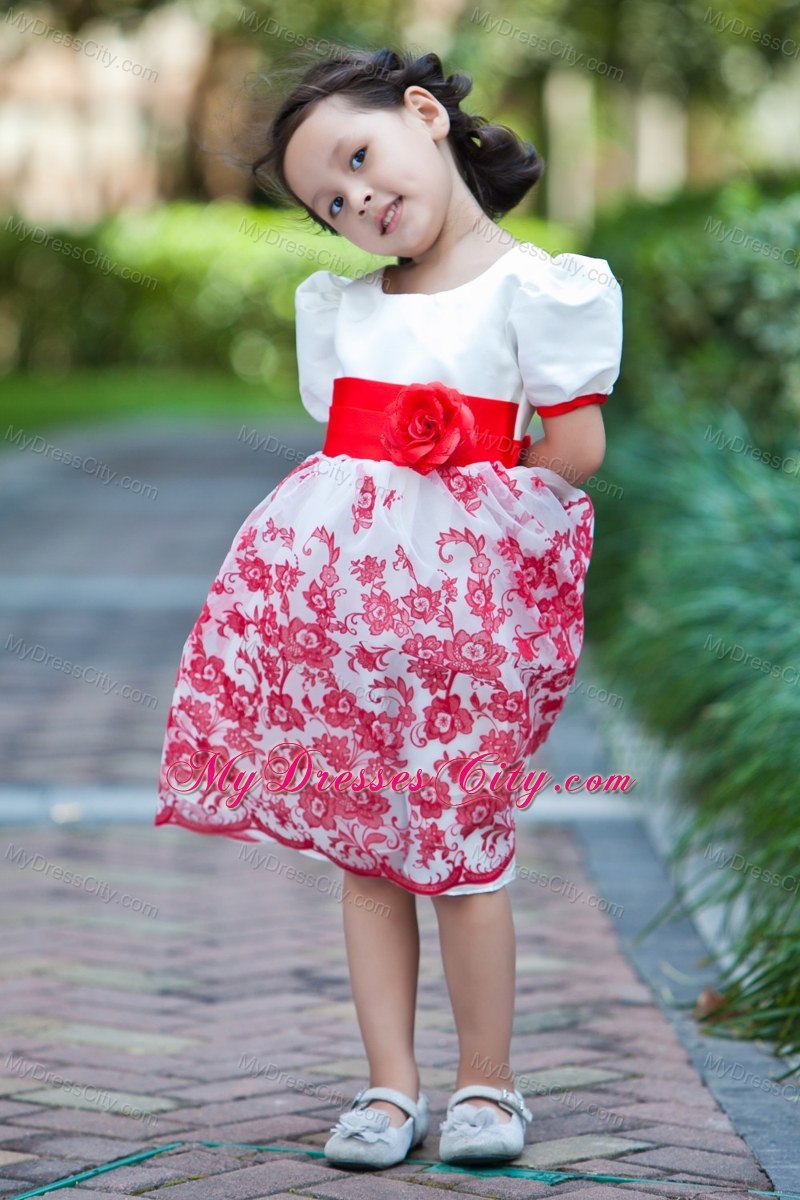 Printed White Scoop Short Floral Flower Girl Dress with Red Sash