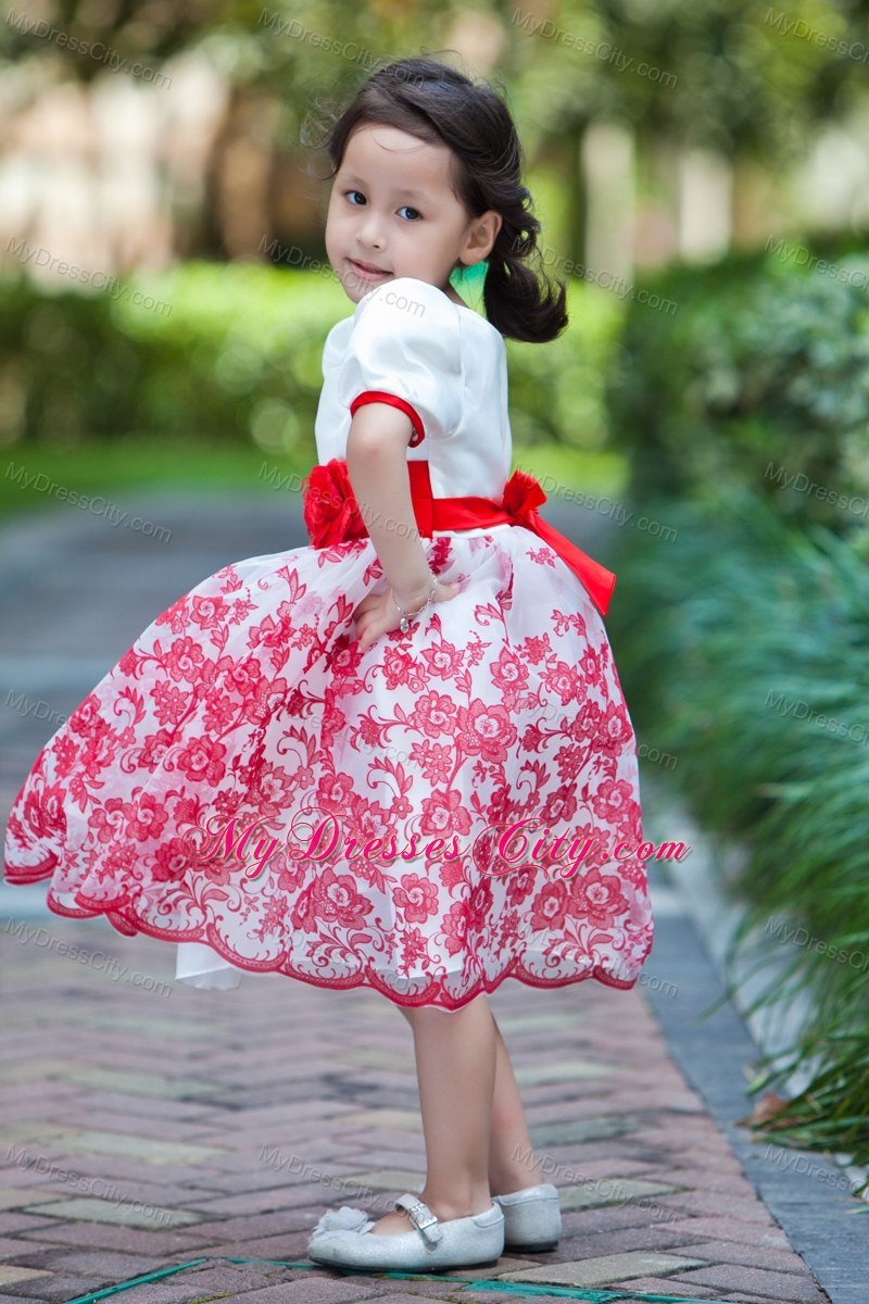 Printed White Scoop Short Floral Flower Girl Dress with Red Sash