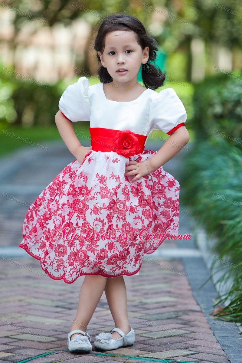 Printed White Scoop Short Floral Flower Girl Dress with Red Sash