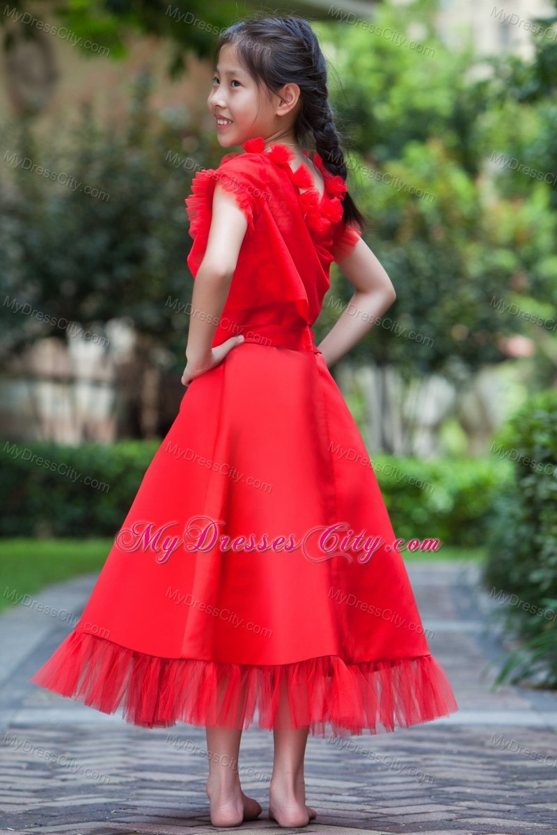 Red 2013 Square Ankle-length Satin Little Girl Dress with Jacket