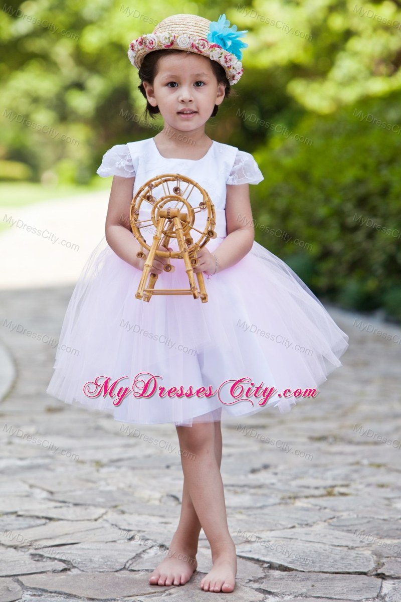 White and Pink Short Scoop Flower Girl Dress with Cap Sleeves