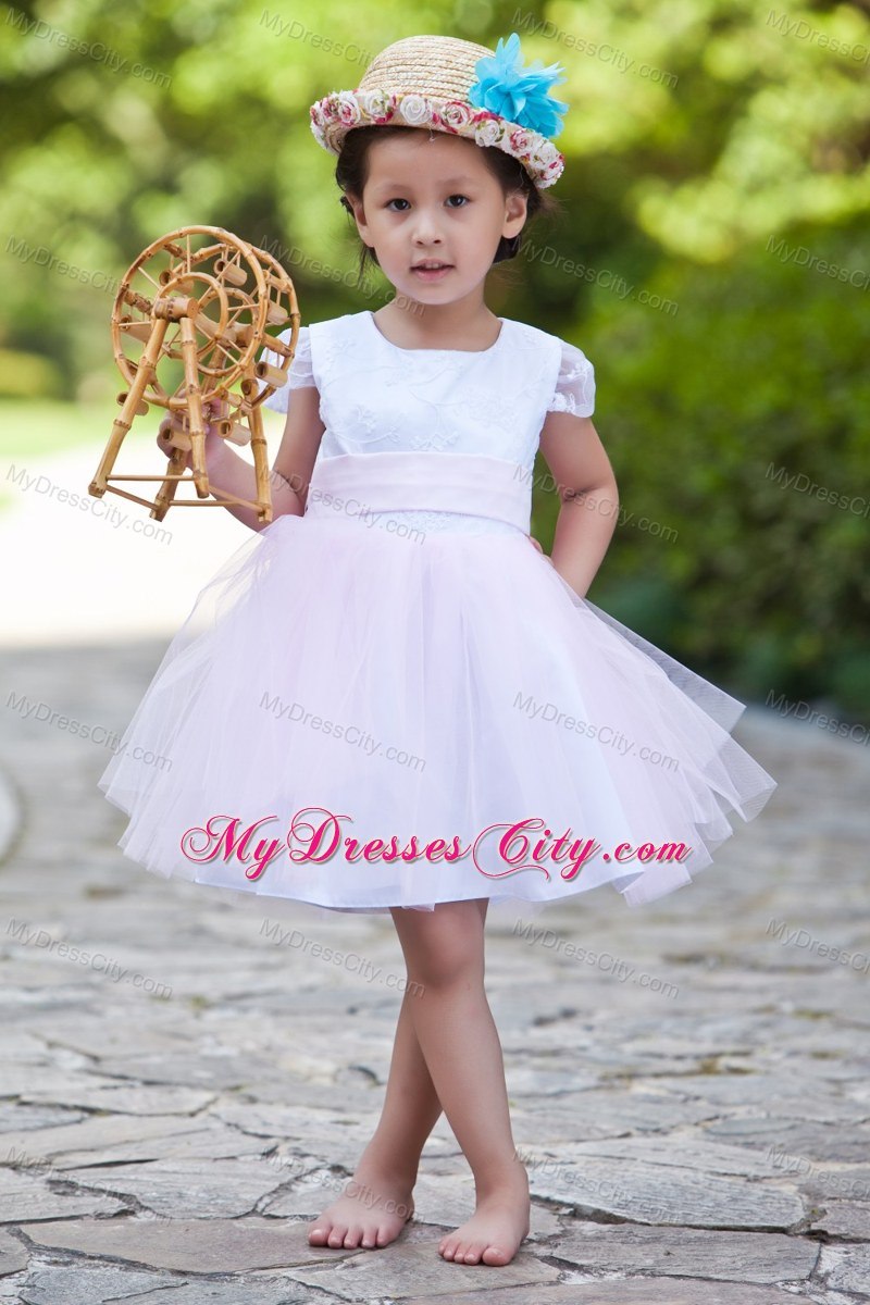 White and Pink Short Scoop Flower Girl Dress with Cap Sleeves