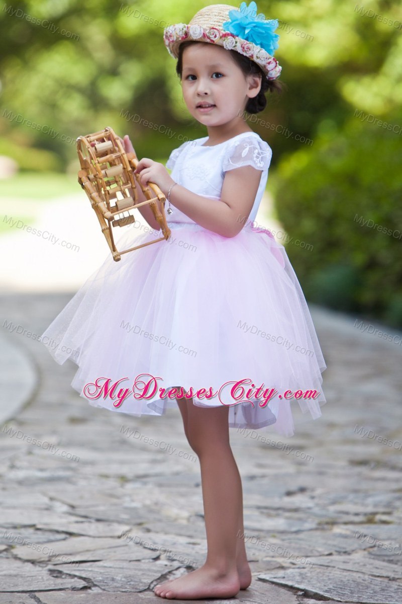 White and Pink Short Scoop Flower Girl Dress with Cap Sleeves