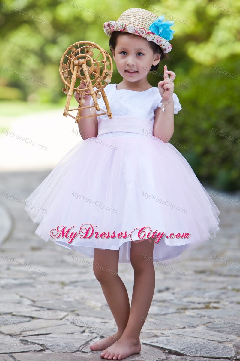 White and Pink Short Scoop Flower Girl Dress with Cap Sleeves