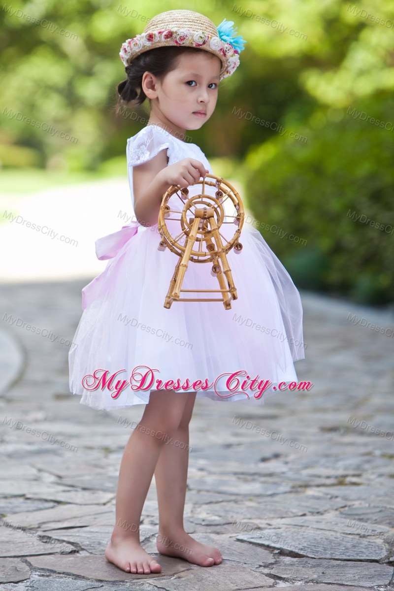 White and Pink Short Scoop Flower Girl Dress with Cap Sleeves