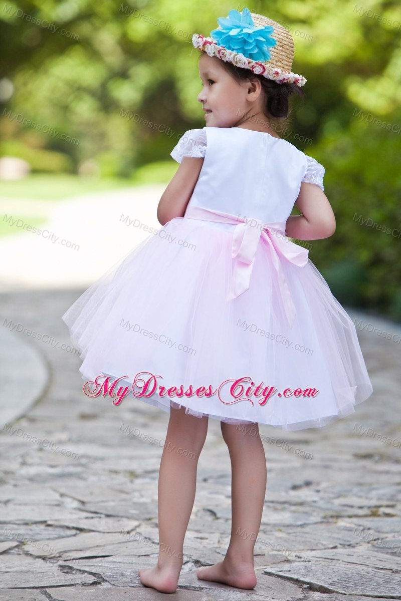 White and Pink Short Scoop Flower Girl Dress with Cap Sleeves