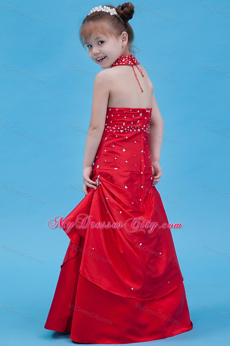 Halter Top Red Taffeta Beading Flower Girl Dress in A-line Style