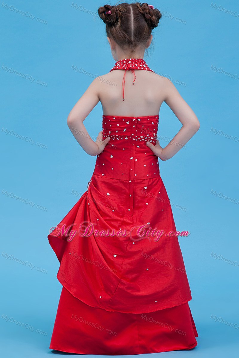 Halter Top Red Taffeta Beading Flower Girl Dress in A-line Style