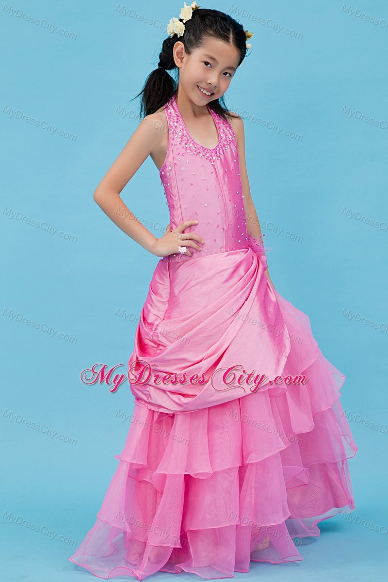 Organza and Taffeta 2013 Halter Fuchsia Flower Girl Dress Beaded