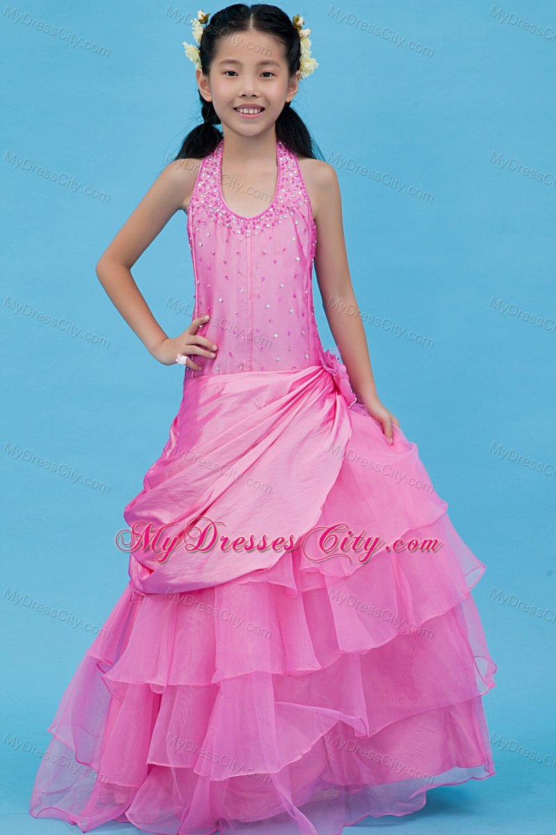 Organza and Taffeta 2013 Halter Fuchsia Flower Girl Dress Beaded