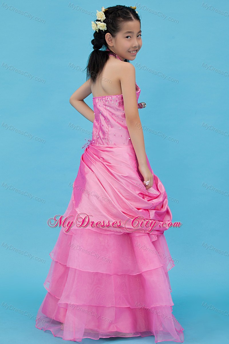 Organza and Taffeta 2013 Halter Fuchsia Flower Girl Dress Beaded