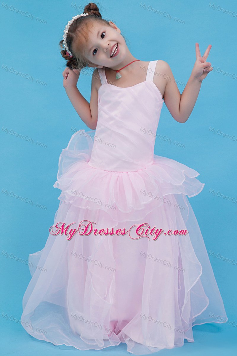 Straps Organza Layered Flower Girl Dress in Baby Pink Design