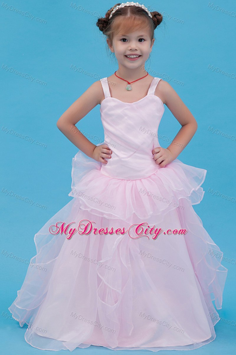 Straps Organza Layered Flower Girl Dress in Baby Pink Design