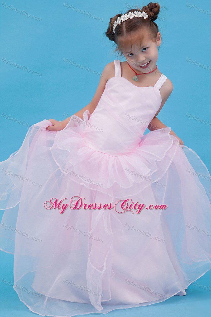 Straps Organza Layered Flower Girl Dress in Baby Pink Design