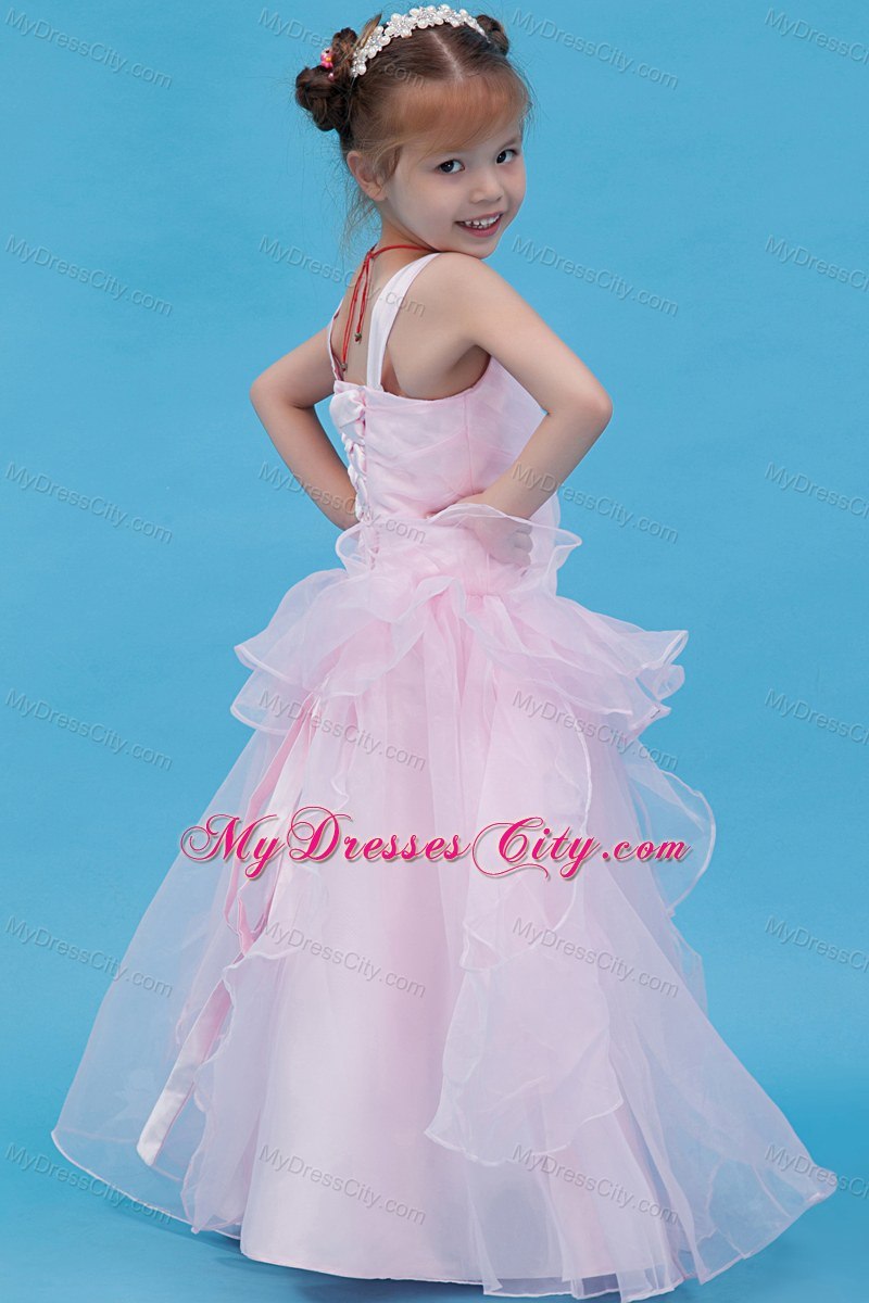 Straps Organza Layered Flower Girl Dress in Baby Pink Design