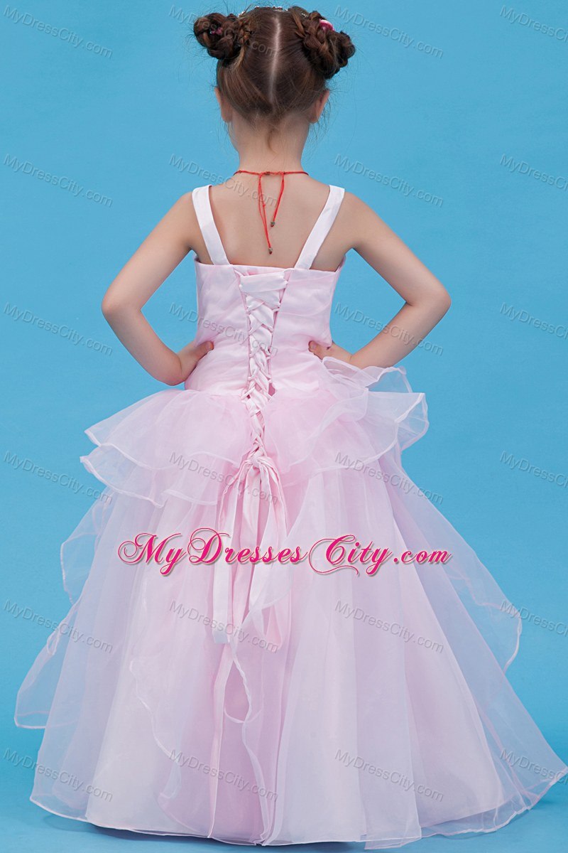 Straps Organza Layered Flower Girl Dress in Baby Pink Design