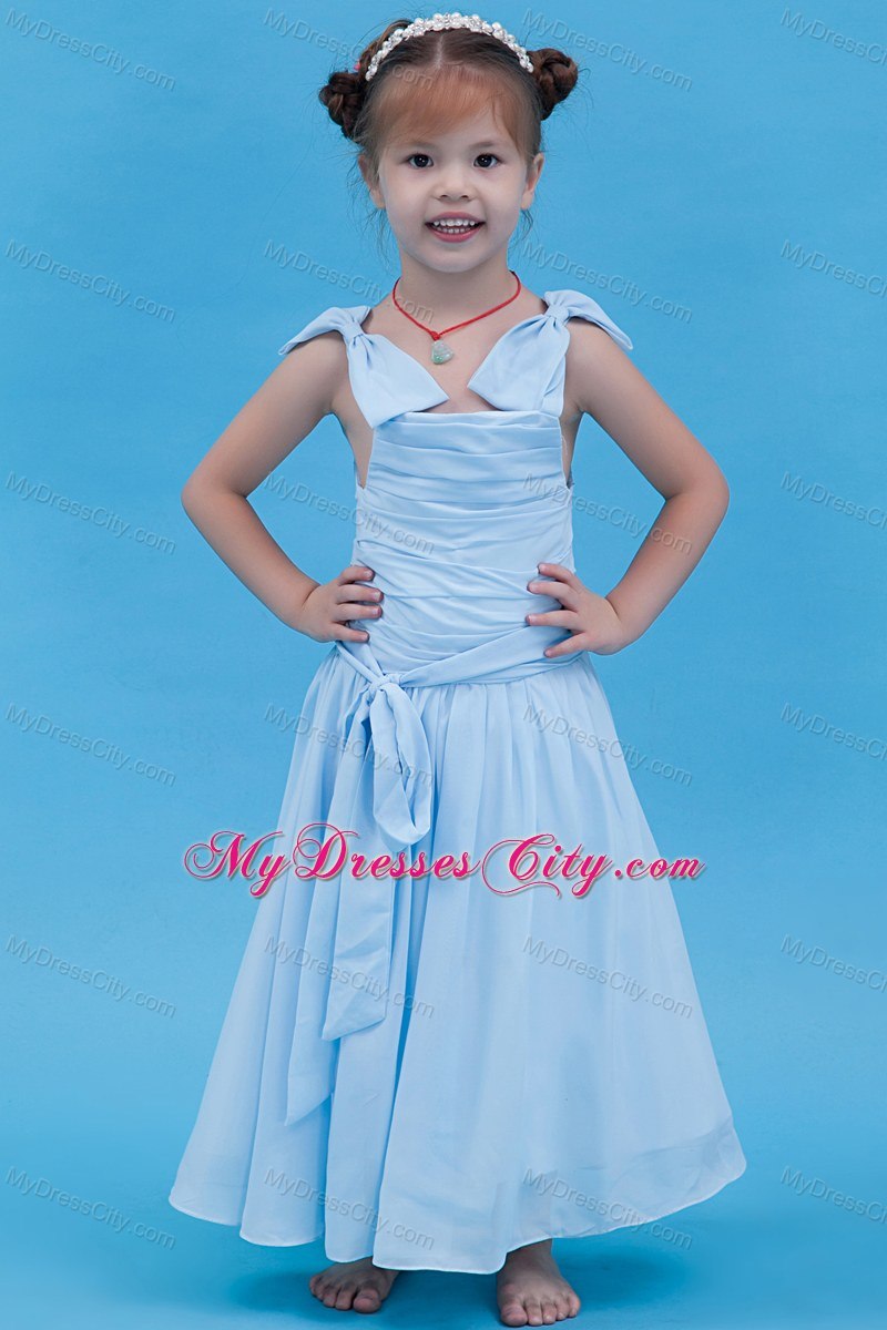 Baby Blue Off the Shoulder Chiffon Ruched Flower Girl Dress