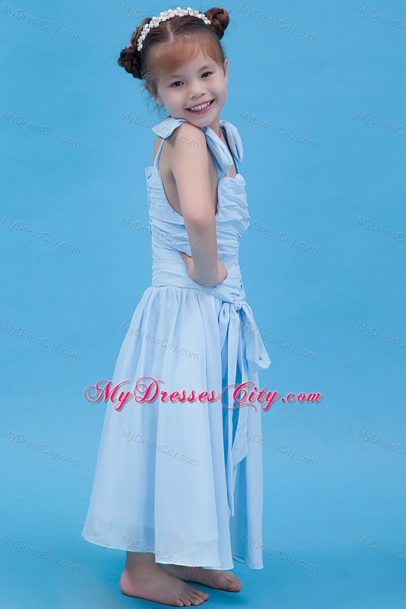 Baby Blue Off the Shoulder Chiffon Ruched Flower Girl Dress